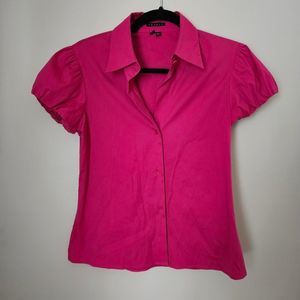 Theory Blouse Top Short Sleeve Pink Button Down Collar Business Casual Solid
